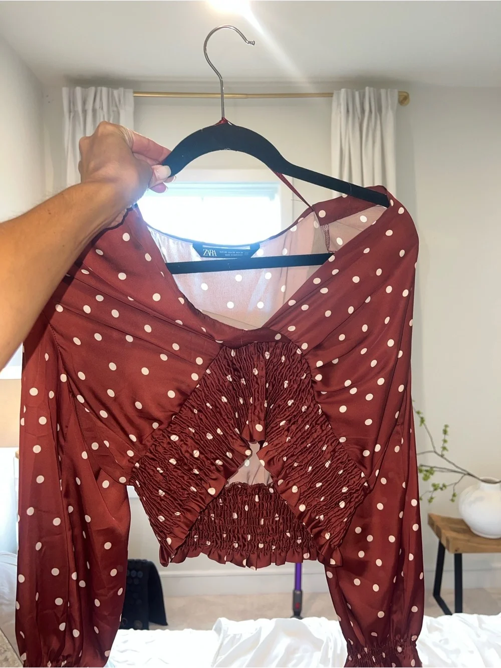 Zara Rust Brown Polka Dot Smocked V-Neck Blouse